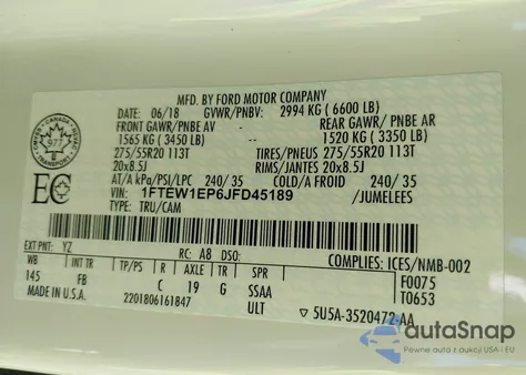 2018 Ford F-150 Xlt z USA, uszkodzony, nr VIN 1FTEW1EP6JFD45189